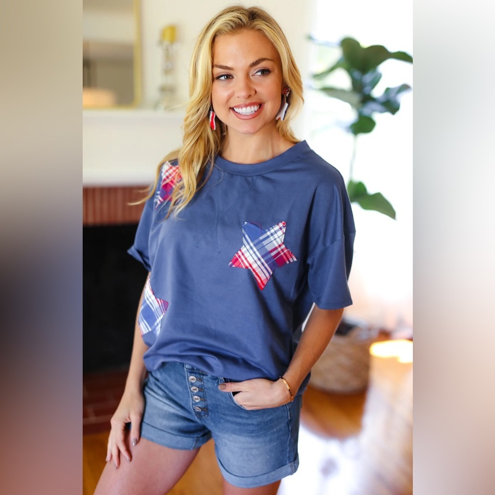 Patriotic Denim Blue French Terry Plaid Start Patch Top